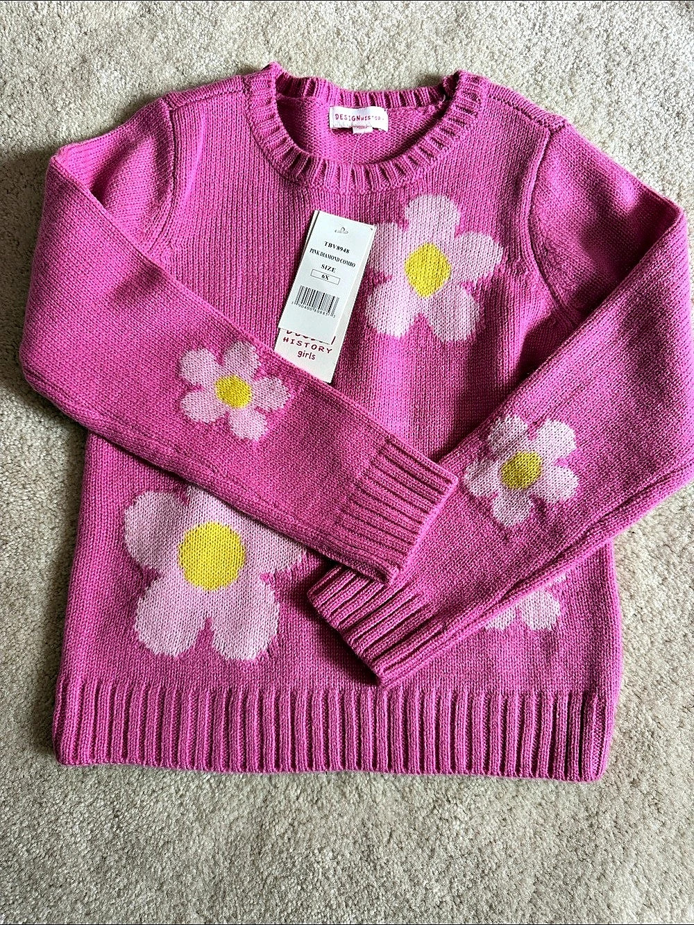 Design History Girl's Flower Diamond Sweater Pink & White Girls 6X